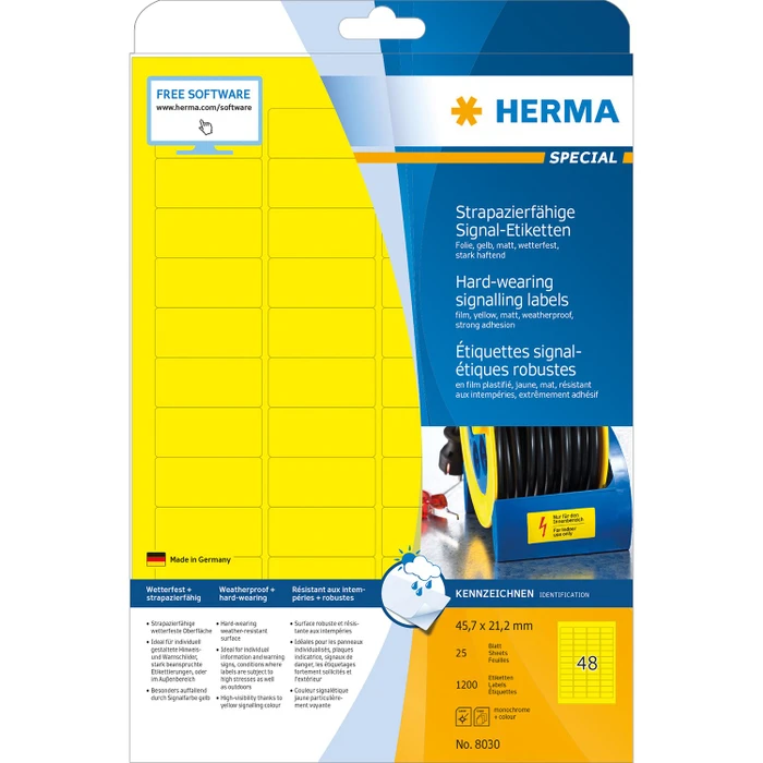 Herma Folienetiketten, 45.7x21.2mm, wetterfest, gelb, matt, 25 Blatt (1200 Etiketten)