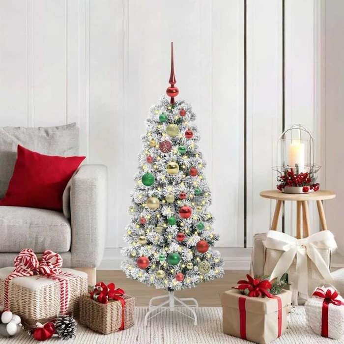 vidaXL Künstlicher Weihnachtsbaum schlank mit Schnee, 120cm, inkl. LED-Beleuchtung