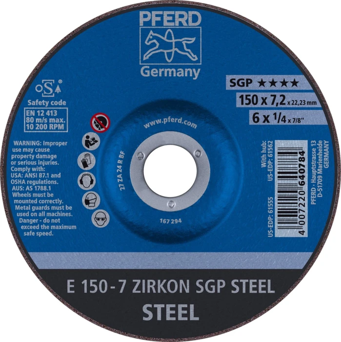 Pferd E 150-7 ZIRKON SGP STEEL Schleifscheibe, 150x7.2x22.23mm, 10 Stück