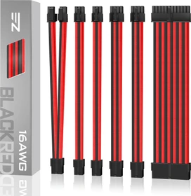 EZDIY-FAB Cable Extension Kit, 1x 24-Pin, 1x 4/8-Pin ATX, 2x 6-Pin PCIe, 16AWG, 2x 8-Pin PCIe, 16 AWG Nylon, rot/schwarz