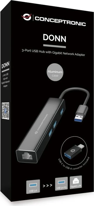 Conceptronic 3-Port USB-Hub mit Netzwerkadapter, USB-C 3.0 [Stecker]