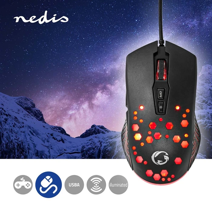 Nedis Wired Gaming Mouse with 12 lighting modes, schwarz, USB