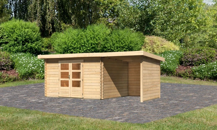Karibu Bastrup 7 Gartenhaus inkl. Anbau 2m + Rück- und Seitenwand natur