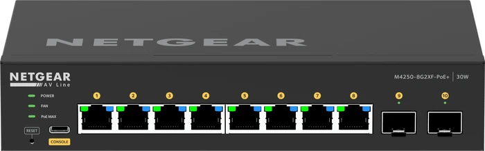 Netgear AV Line M4250 Desktop Gigabit Managed Switch, 8x RJ-45, 2x SFP+, 220W PoE+