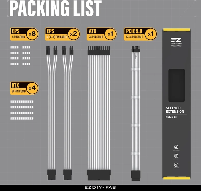 EZDIY-FAB 12VHPWR Cable Kit, 1x 24-Pin, 2x 4/8-Pin ATX, 1x 12VHPWR PCIe, 16AWG, weiß/schwarz