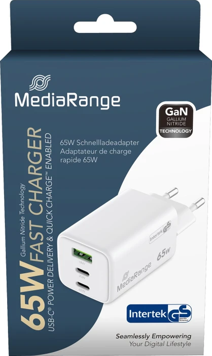 MediaRange 65W GaN Schnellladeadapter 2x USB-C/1x USB-A weiß