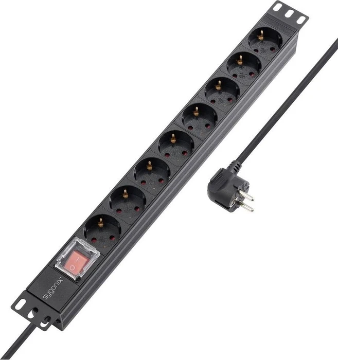 Sygonix 19" Aluminium Steckdosenleiste, 1HE, 8-fach, 250V, schwarz, 1.8m