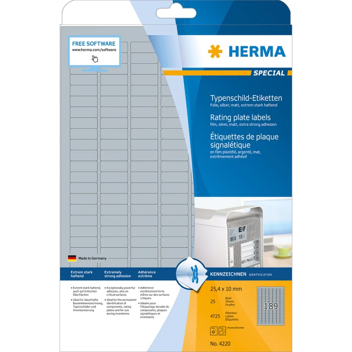 Herma Typenschildetiketten Special, 25x10mm, wetterfest, silber, matt, 25 Blatt (4725 Etiketten)