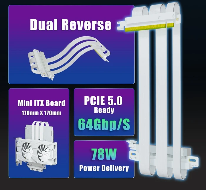 Glotrends Dual Reverse Riser Cable, gewinkelt, PCIe 5.0, 185mm, weiß