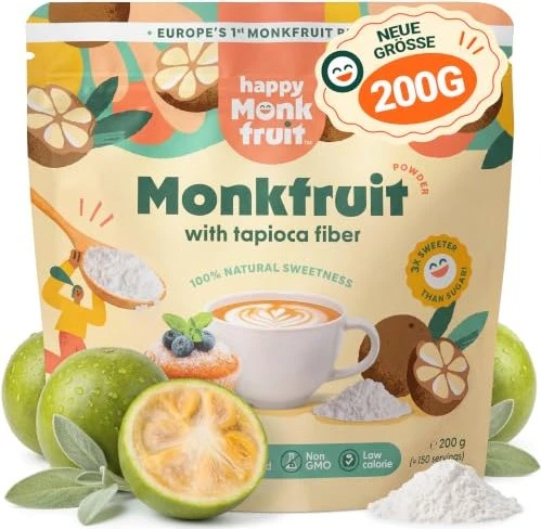 Happy Monkfruit Sweetener Mönchsfrucht Pulver, 200g