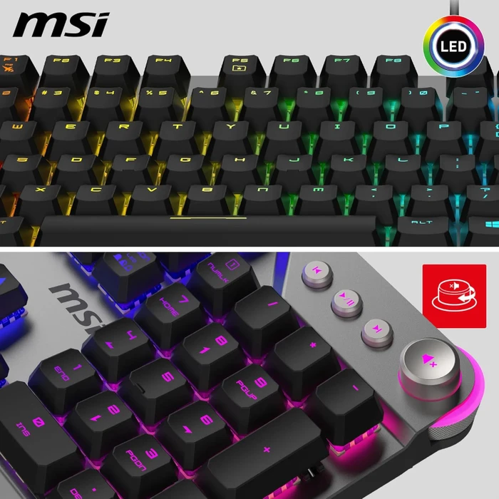 MSI STRIKE 600 V2 Silent Gaming Keyboard, LEDs RGB, Kailh Midnight Pro Silent Tactile, USB, FR