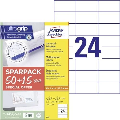 Avery-Zweckform Etiketten Universal, 70x37mm, weiß, 65 Blatt (1560 Etiketten)