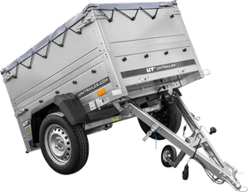 Unitrailer Garden Trailer 150 Kipp mit zusätzlichen Bordwänden, Stützrad und grauer Flachplane