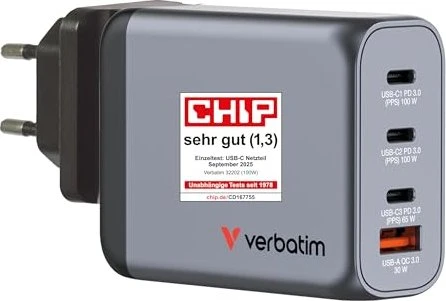 Verbatim 100W GaN-Ladegerät mit 4 Anschlüssen grau