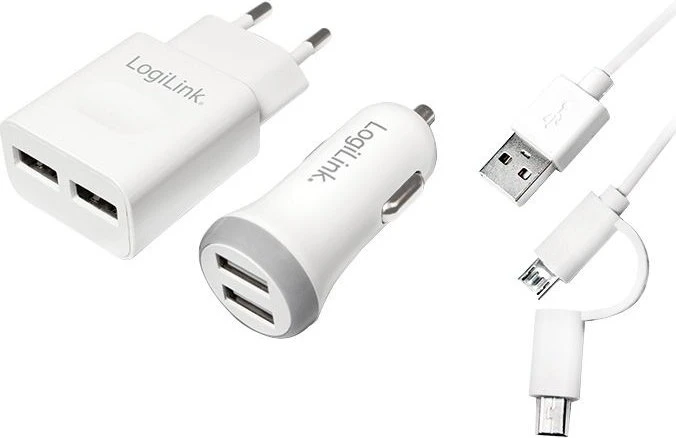 LogiLink USB Ladeset 1x Kfz Ladeadapter & 1x Steckdosenadapter mit je 2x USB Anschlüssen weiß