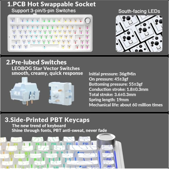 Aula F75 Pro, White Contour, LEDs RGB, hot-swap, LEOBOG Seiya Star Vector, USB/Bluetooth, US