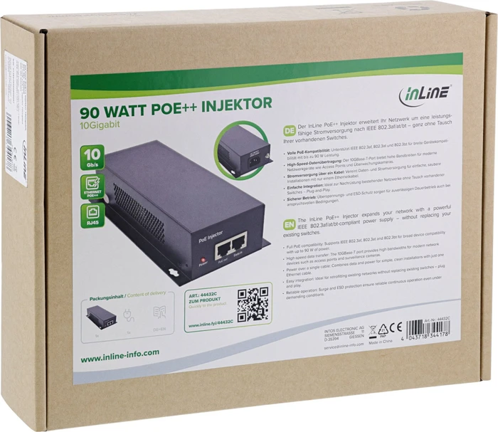 InLine Wallmount 10G PoE-Injektor, 2x RJ-45, 90W PoE++