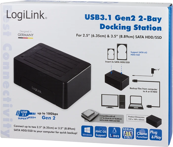 LogiLink USB 3.0 2-Bay für 2.5"/3.5" SATA HDD/SSD, schwarz, USB-C 3.1