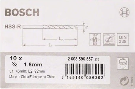 Bosch Professional HSS-R Spiralbohrer, 1.8x22x46mm, 10 Stück