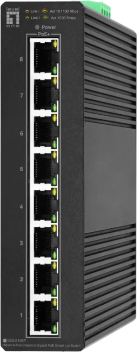 LevelOne IGS Hilbert Industrial Railmount Gigabit Smart Switch, 8x RJ-45, 112W PoE+