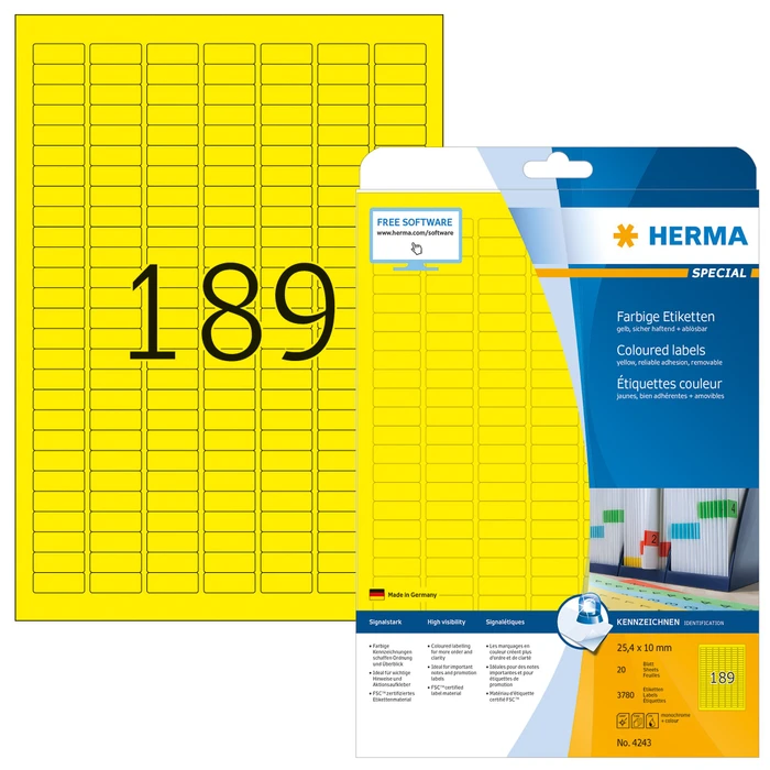 Herma Etiketten, 25.4x10mm, ablösbar, gelb, matt, 20 Blatt (3780 Etiketten)