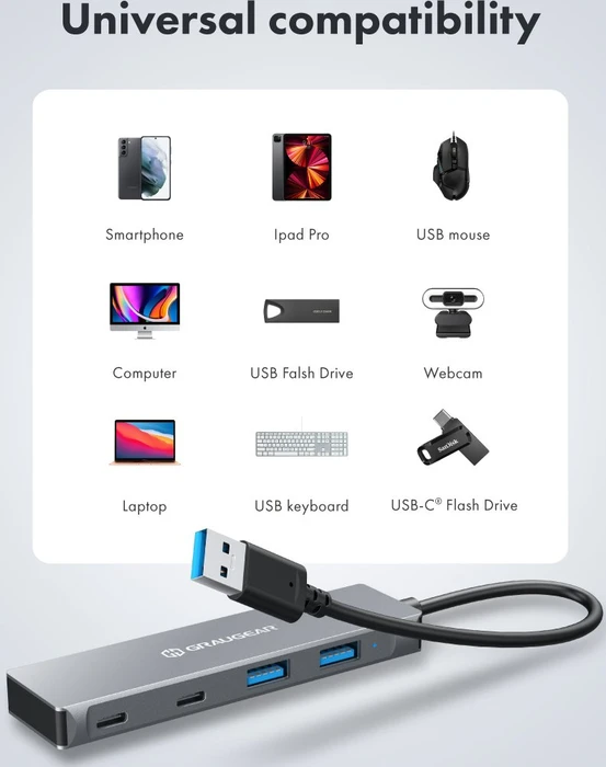 Graugear G-HUB2A2C-AC, USB-Hub, 2x USB-C 3.0, 2x USB-A 3.0, USB-A/USB-C 3.0 [Stecker]
