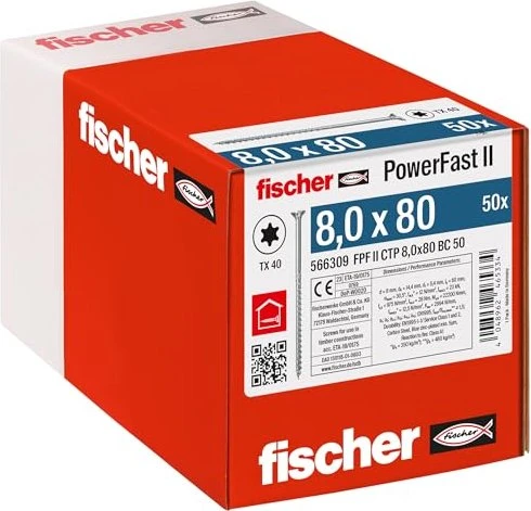 fischer PowerFast FPF II CTP T40 8.0x80 BC 50 Holzbauschraube, 8x80mm, 50 Stück