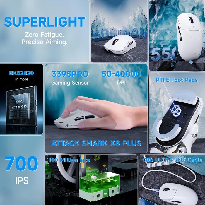 Attack Shark X8 Plus Tri-mode Wireless Gaming Mouse, weiß, inkl. C06 Ultra LED Kabel, USB/Bluetooth