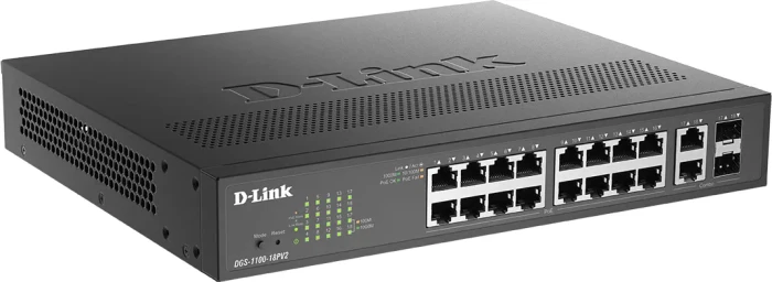 D-Link DGS-1100 Desktop Gigabit Smart Switch, 16x RJ-45, 2x RJ-45/SFP, 130W PoE+