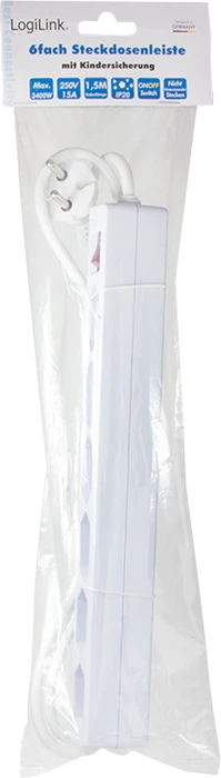 LogiLink Steckdosenleiste mit Schalter, 6-fach, Euro schmal, 1.5m, weiß