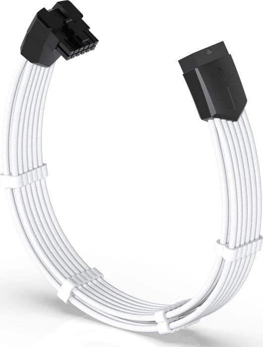 EZDIY-FAB 12VHPWR Kabel, 16-Pin PCIe Verlängerungskabel, 16-Pin PCIe 5.0 12VHPWR Buchse auf 16-Pin PCIe 5.0 12VHPWR Stecker, Variante Standard, Sense-Pins an der Unterseite, 16AWG, weiß/schwarz, 90° gewinkelt