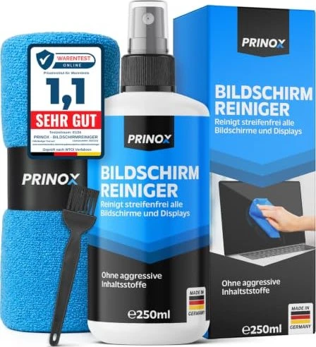 Prinox Bildschirmreiniger Set 250ml mit Mikrofasertuch und Pinsel