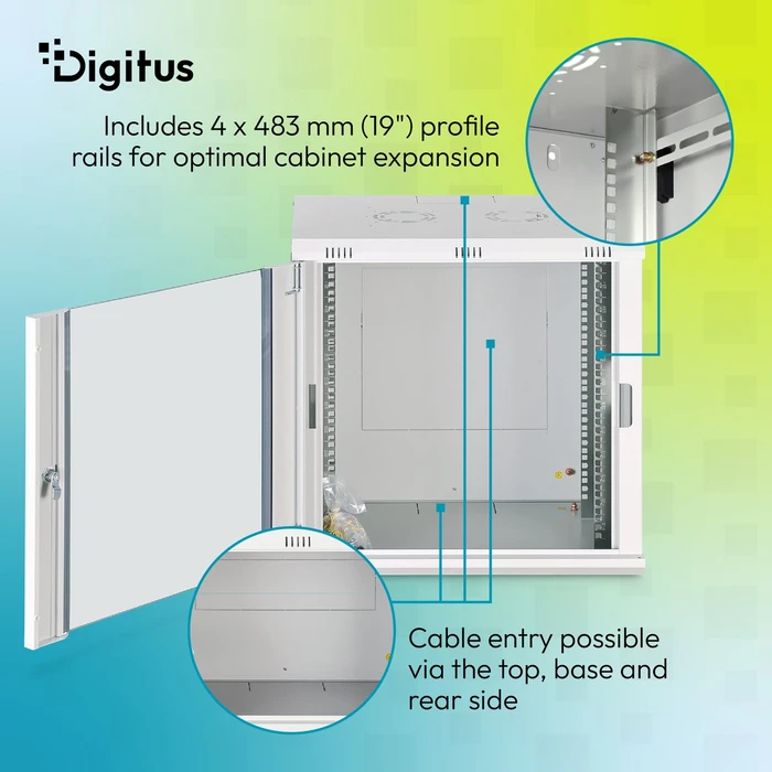 Digitus Dynamic-N Serie 19" Wandgehäuse 12HE, unmontiert, Sicherheitsglastür, IP2X, RAL 7035, 450mm tief