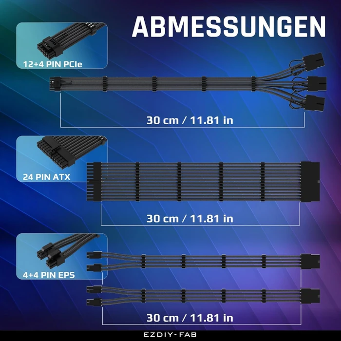 EZDIY-FAB 12VHPWR Cable Kit, 1x 24-Pin, 2x 4/8-Pin ATX, 1x 12VHPWR/3x 8-Pin PCIe, 16AWG, schwarz
