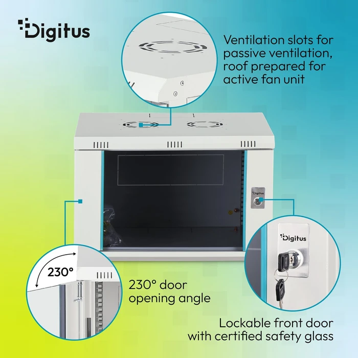 Digitus Dynamic-N Serie 19" Wandgehäuse 7HE, unmontiert, Sicherheitsglastür, IP2X, RAL 7035, 600mm tief