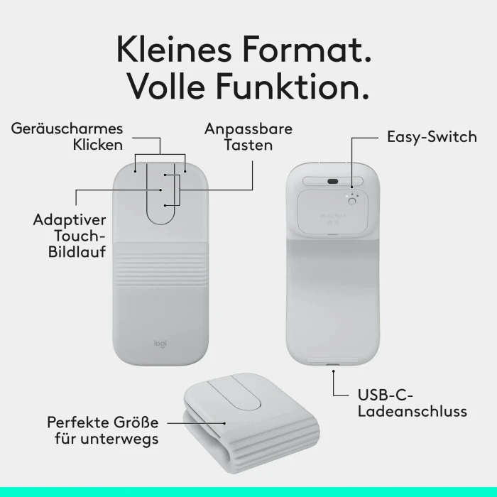 Logitech Mobi Fold Ultra-portable Wireless Mouse Off-White, weiß/grau, Logi Bolt, USB/Bluetooth