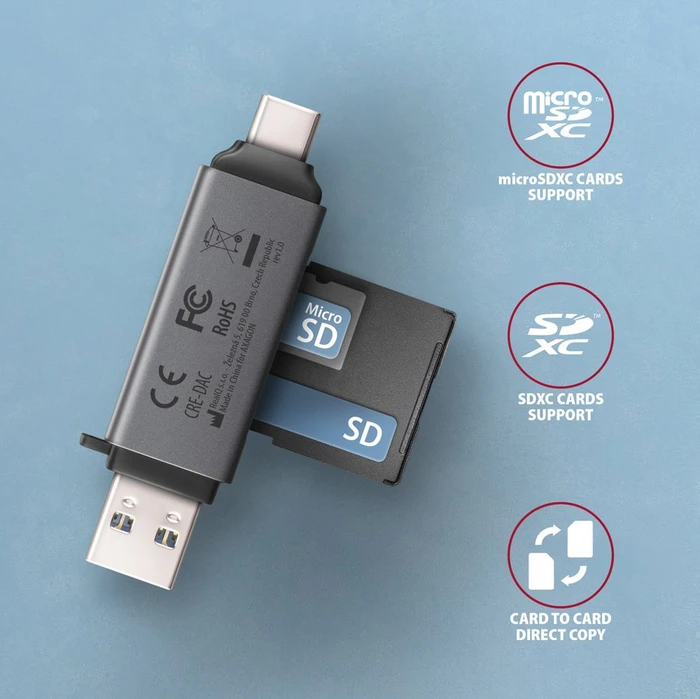 Axagon Dual-Slot-Cardreader, USB-C 3.0/USB-A 3.0 [Stecker]