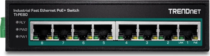 TRENDnet TI Hardened Industrial Railmount Switch, 8x RJ-45, 200W PoE+