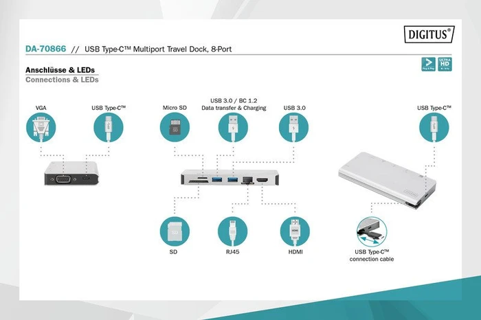 Digitus Multiport Travel Dock silber, USB-C 3.0 [Buchse]