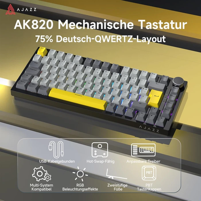 Ajazz AK820, Grey, LEDs RGB, hot-swap, Ajazz Moon, USB, DE