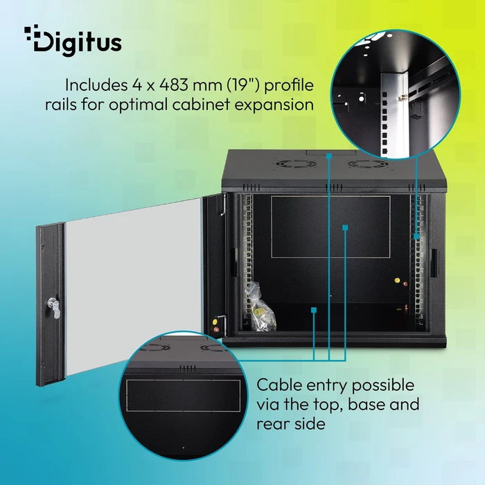 Digitus Dynamic-N Serie 19" Wandgehäuse 9HE, unmontiert, Sicherheitsglastür, IP2X, RAL 9005, 450mm tief