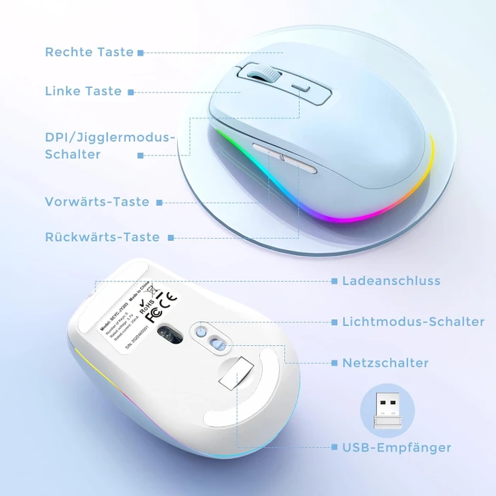 Seenda Rechargeable Wireless RGB Mouse mit Jiggler-Funktion, hellblau, USB