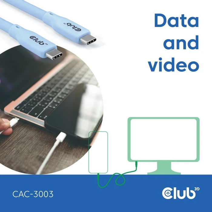 Club 3D USB4 Kabel, 20Gb/s, 240W PD EPR, USB-C Stecker auf USB-C Stecker, 2m, blau