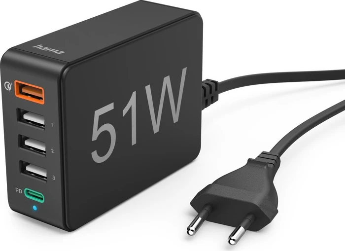 Hama Schnellladegerät 5 Ports 1x QC 3.0 3x USB-A 1x USB-C PD 51W schwarz