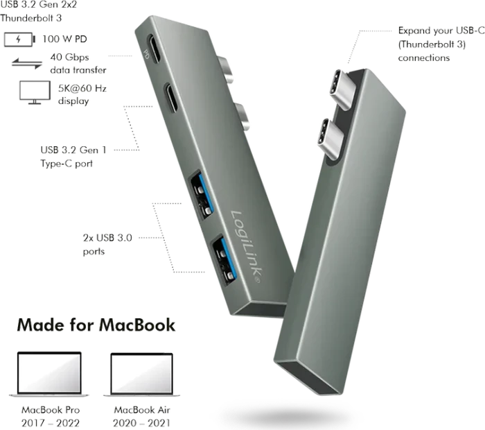 LogiLink 4-Port Dockingstation, 2x USB-C 3.0/2x USB-A 3.0, 2x Thunderrbolt 3 [Stecker]