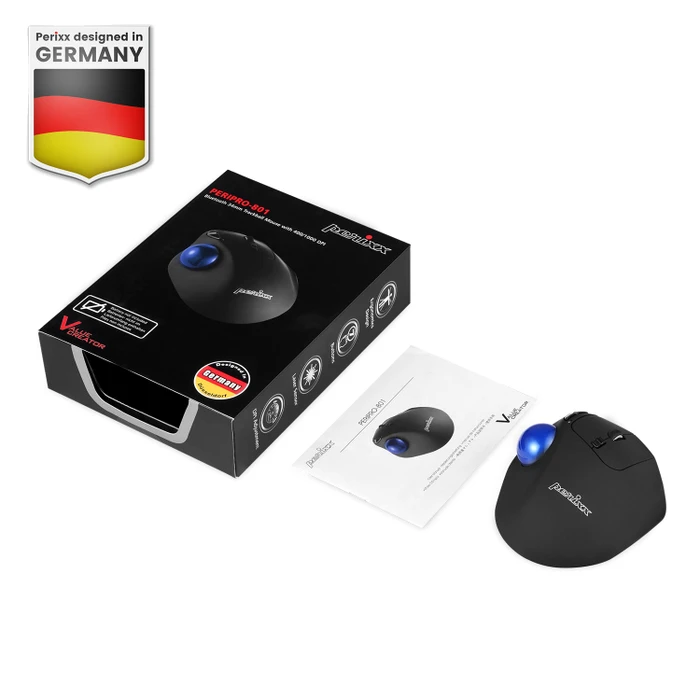 Perixx PERIPRO-801 Ergonomic Trackball Mouse, schwarz, Bluetooth