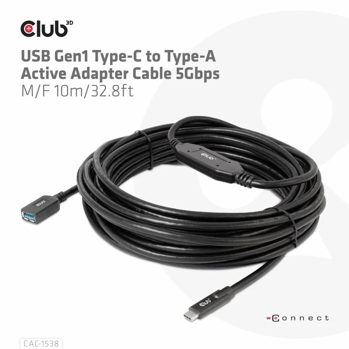 Club 3D USB-C 3.0 Kabel, aktiv, 5Gb/s, USB-C 3.0 Stecker auf USB-A 3.0 Buchse, 10m