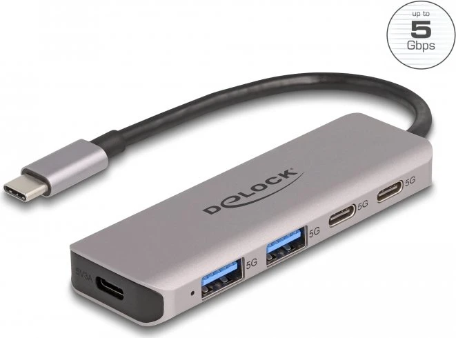 DeLOCK 4-Port USB-C-Hub mit PD, 2x USB-C 3.0, 2x USB-A 3.0, USB-C 3.0 [Stecker]