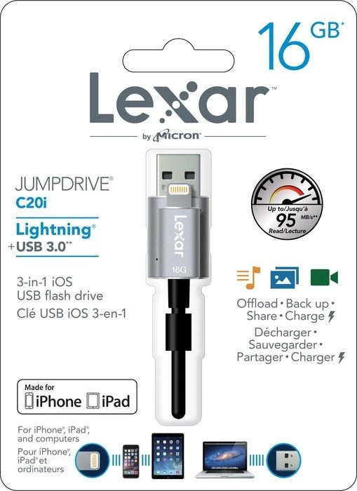 Lexar JumpDrive C20i 16GB, USB-A + Apple Lightning, USB 3.2 Gen 1×1, USB 2.0