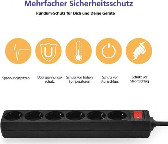 Helos CLASSIC Steckdosenleiste mit Schalter, 6-fach, 1.5m, schwarz